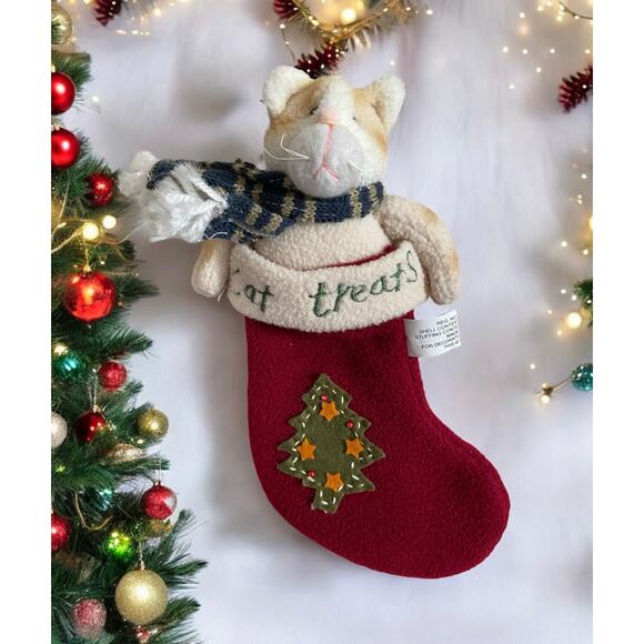 VINTAGE Fleece Orange Cat Treats Kitten in Stocking Christmas Tree Xmas Ornament - Picture 4 of 4